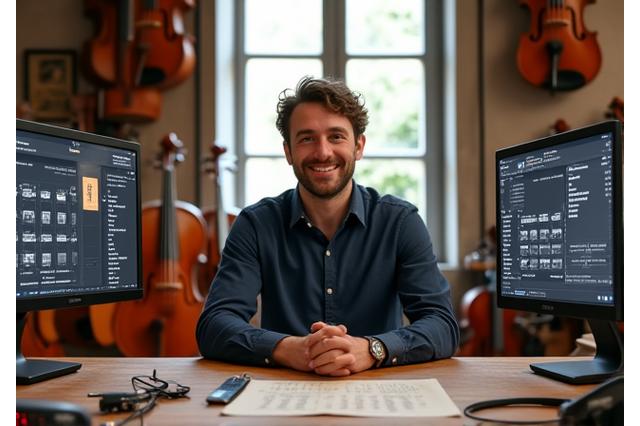Le fondateur de Clé de Sol, Jean-Luc Dubois, dans son atelier parisien, entouré d'instruments traditionnels en bois et d'écrans d'ordinateur affichant des outils d'IA musicale.