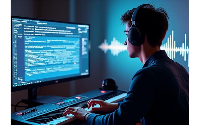 Jeune musicien composant un morceau grâce à un logiciel d'IA