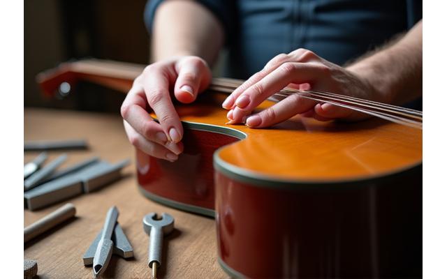 Mains d'un luthier professionnel ajustant une guitare acoustique