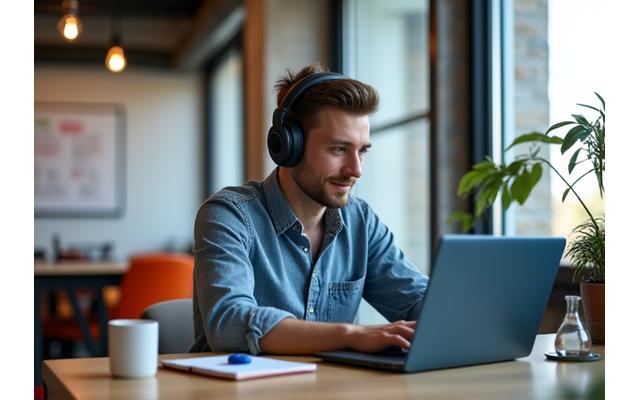 Musicien indépendant travaillant sur un ordinateur portable dans un espace de coworking créatif avec un casque et une guitare à proximité