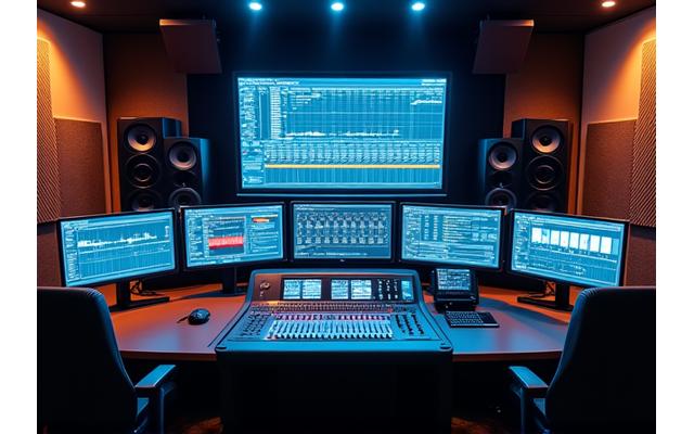 Console de mixage et écran affichant des formes d'onde audio dans un studio d'enregistrement moderne