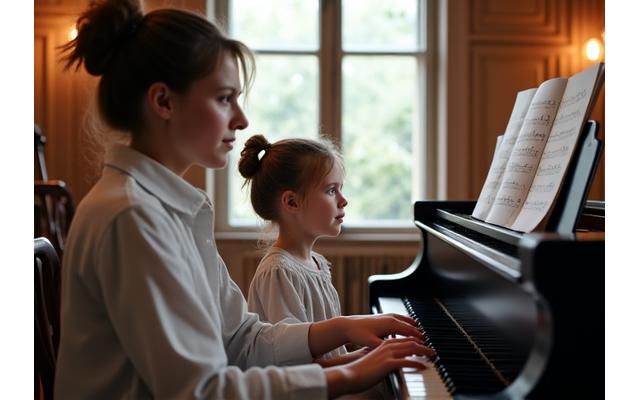 Jeune étudiant à l'écoute d'un professeur de musique jouant du piano
