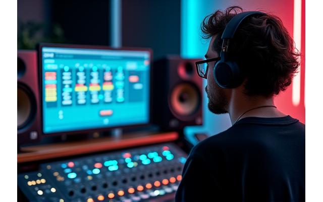 Ingénieur du son utilisant un logiciel de station de travail audio numérique (DAW) avec des plugins IA