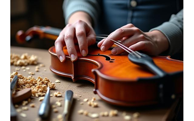 Mains d'un luthier travaillant méticuleusement sur le corps d'un instrument à cordes